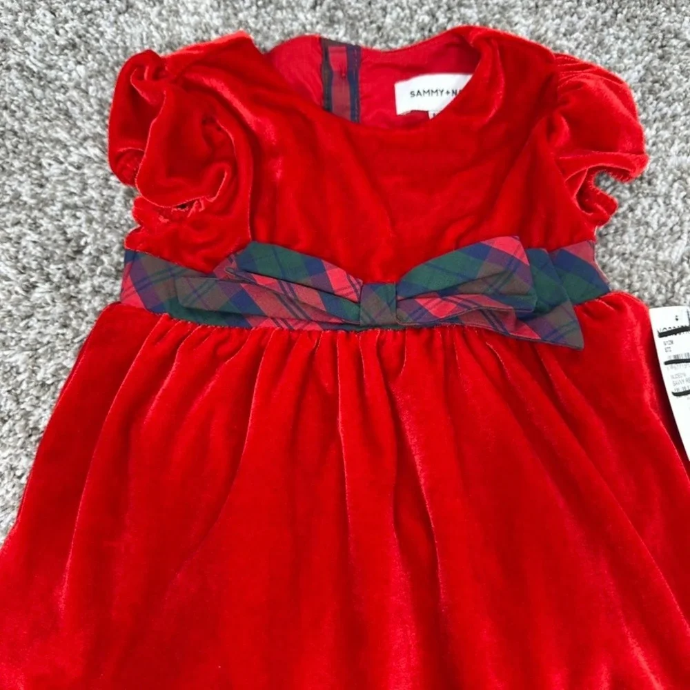 Sammy + Nat Baby Girls Red Velvet Christmas Dress‎ Outfit 6/12M Plaid Bow NWT - Picture 2 of 10